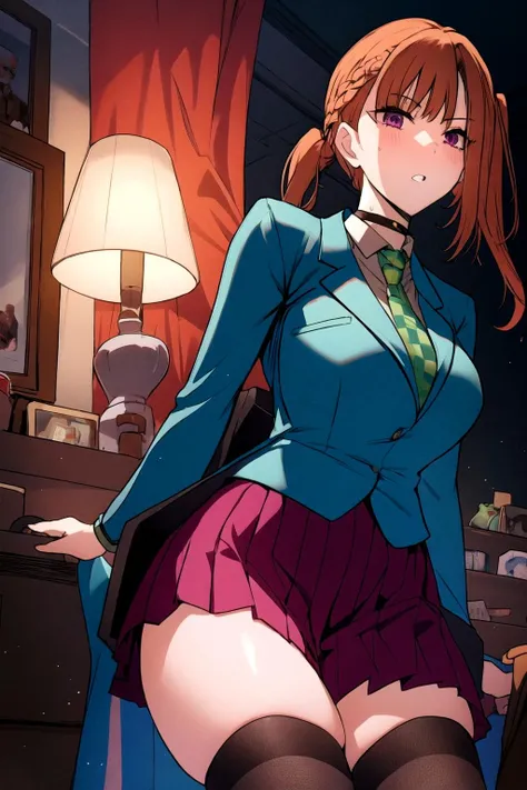 masterpiece, best quality, sara_chidouin,
(1girl:1.3), solo,
highres, absurdres,
<lora:sara_chidouin:0.9>
bangs, school uniform, purple eyes, jacket, necktie, collared shirt, orange hair, blue jacket, green necktie, choker, (zettai ryouiki:0.6), (black thighhighs:0.8), (red pleated skirt:0.9),