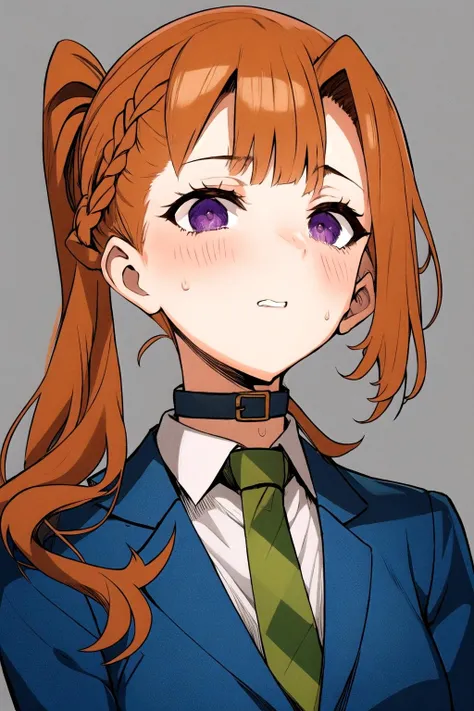 masterpiece, best quality, sara_chidouin,
(1girl:1.3), solo,
highres, absurdres,
<lora:sara_chidouin:0.9>
bangs, school uniform, purple eyes, jacket, necktie, collared shirt, orange hair, blue jacket, green necktie, choker, (zettai ryouiki:0.6), (black thighhighs:0.8), (red pleated skirt:0.9),