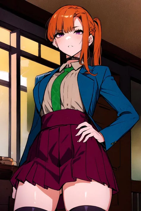 masterpiece, best quality, sara_chidouin,
(1girl:1.3), solo,
highres, absurdres,
<lora:sara_chidouin:0.9>
bangs, school uniform, purple eyes, jacket, necktie, collared shirt, orange hair, blue jacket, green necktie, choker,