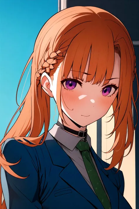 masterpiece, best quality, sara_chidouin,
(1girl:1.3), solo,
highres, absurdres,
<lora:sara_chidouin:0.9>
bangs, school uniform, purple eyes, jacket, necktie, collared shirt, orange hair, blue jacket, green necktie, choker, (zettai ryouiki:0.6), (black thighhighs:0.8), (red pleated skirt:0.9),