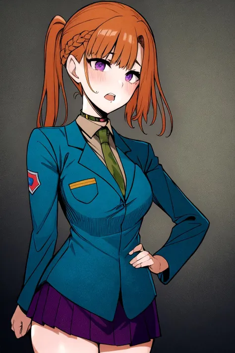 masterpiece, best quality, sara_chidouin,
(1girl:1.3), solo,
highres, absurdres,
<lora:sara_chidouin:0.9>
bangs, school uniform, purple eyes, jacket, necktie, collared shirt, orange hair, blue jacket, green necktie, choker,