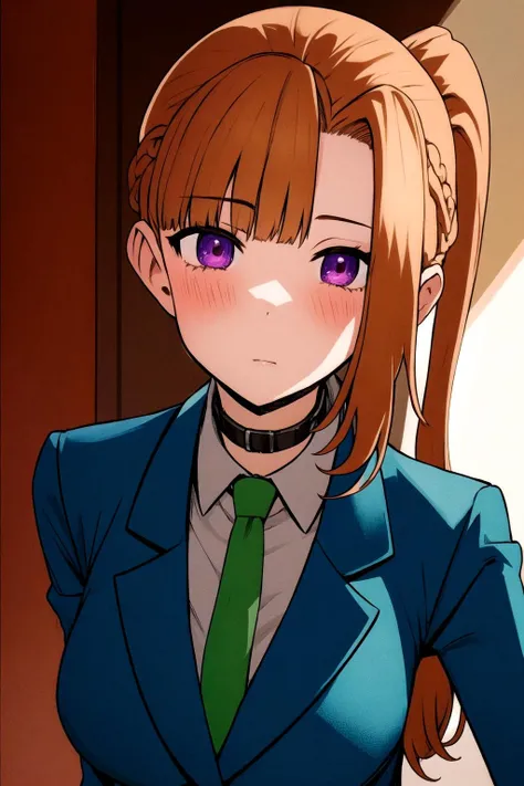 masterpiece, best quality, sara_chidouin,
(1girl:1.3), solo,
highres, absurdres,
<lora:sara_chidouin:0.9>
bangs, school uniform, purple eyes, jacket, necktie, collared shirt, orange hair, blue jacket, green necktie, choker, (zettai ryouiki:0.6), (black thighhighs:0.8), (red pleated skirt:0.9),