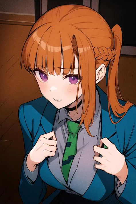 masterpiece, best quality, sara_chidouin,
(1girl:1.3), solo,
highres, absurdres,
<lora:sara_chidouin:0.9>
bangs, school uniform, purple eyes, jacket, necktie, collared shirt, orange hair, blue jacket, green necktie, choker, (zettai ryouiki:0.6), (black thighhighs:0.8), (red pleated skirt:0.9),