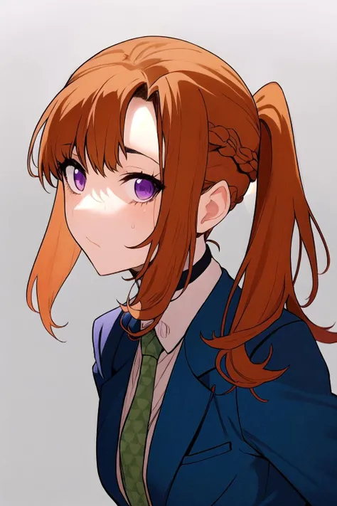 masterpiece, best quality, sara_chidouin,
(1girl:1.3), solo,
highres, absurdres,
<lora:sara_chidouin:0.9>
bangs, school uniform, purple eyes, jacket, necktie, collared shirt, orange hair, blue jacket, green necktie, choker,