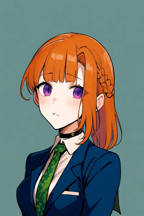 masterpiece, best quality, sara_chidouin,
(1girl:1.3), solo,
highres, absurdres,
<lora:sara_chidouin:0.9>
bangs, school uniform, purple eyes, jacket, necktie, collared shirt, orange hair, blue jacket, green necktie, choker,