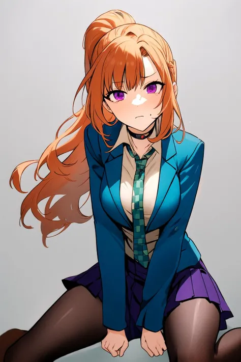 masterpiece, best quality, sara_chidouin,
(1girl:1.3), solo,
highres, absurdres,
<lora:sara_chidouin:0.9>
bangs, school uniform, purple eyes, jacket, necktie, collared shirt, orange hair, blue jacket, green necktie, choker,