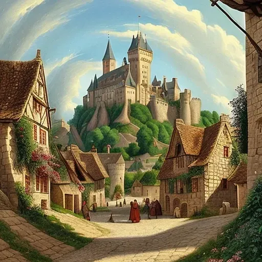 Medieval village scene with busy streets and castle in the distance