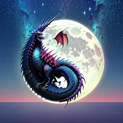 a black dragon flying in front of the moon, with a starry background, (Masterpiece:1.3) (best quality:1.2) (high quality:1.1)