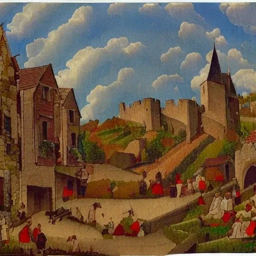 Medieval village scene with busy streets and castle in the distance, detailed, painting