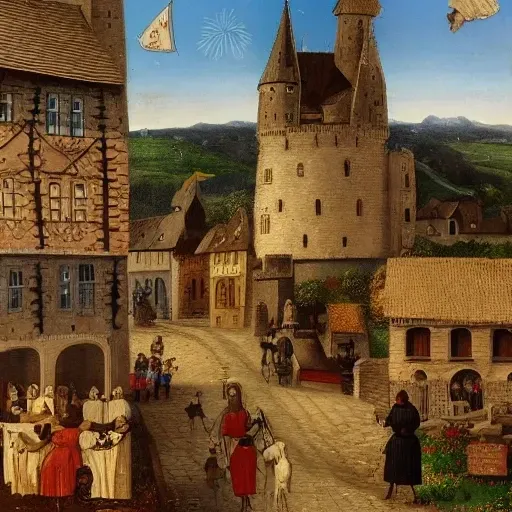 Medieval village scene with busy streets and castle in the distance