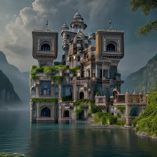 RAW photo of an Indian castle surrounded by water and nature, village, volumetric lighting, photorealistic, insanely detailed and intricate, Fantasy, epic cinematic shot, trending on ArtStation, mountains, 8k ultra hd, magical, mystical, matte painting, bright sunny day, flowers, massive cliffs, Sweeper3D