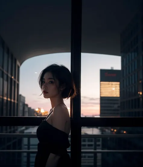 1girl, dark theme, city