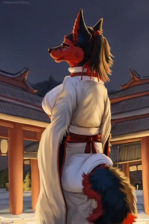 zoe, ((high quality)), black body red fur, (anthro) wolf, red iris, <lora:kimonoClothes_v10:1>, ((clothed)), (uchikake, obi, sash), drawn by foxovh, outside, standing in front of japanese torii gate <lora:zoe fluffyrock 576 v1.2:1.15>