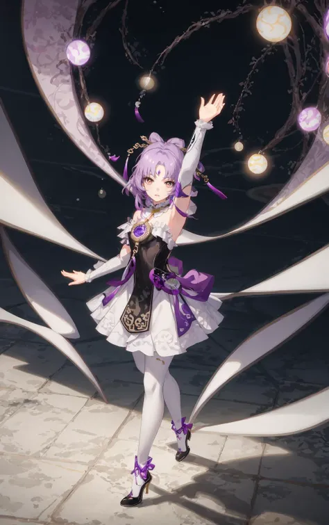 fuxuan, short, closed mouth, (short dress:0.85), purple hair, hair ornaments, white pantyhose, light brown eyes, white elbow armwear, walks on tiled floor, (cosmos:0.6), futuristic, complex background, (high angle:1.1), (synthwave:0.4) <lora:fuxuanV3c:0.7>