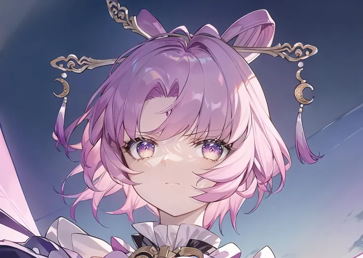 (masterpiece, best_quality), highly_detailed, highres,
<lora:fuxuanStarrailV2.5:0.8>, fuxuan, fuxuanf,
1girl, solo, portrait, pink_hair, short_hair, bangs, hair_ornament, purple_gem, serious, angry, looking_at_viewer, looking_down,
sky, clouds, day, blue_background, bright_background,
color_saturation, saturated, colorful, vibrant, (outlines:1.3), thick_outlines, volumetric_light