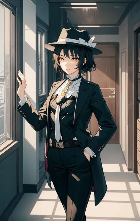 fuxuan, short female, black hair, bright brown eyes, black pants, straps, tie, fedora hat, small breast, brown overcoat, bw shirt, black fishnet stockings, formal style, detective office interior, complex background, cowboy shot, <lora:fuxuanV3c:0.75>
