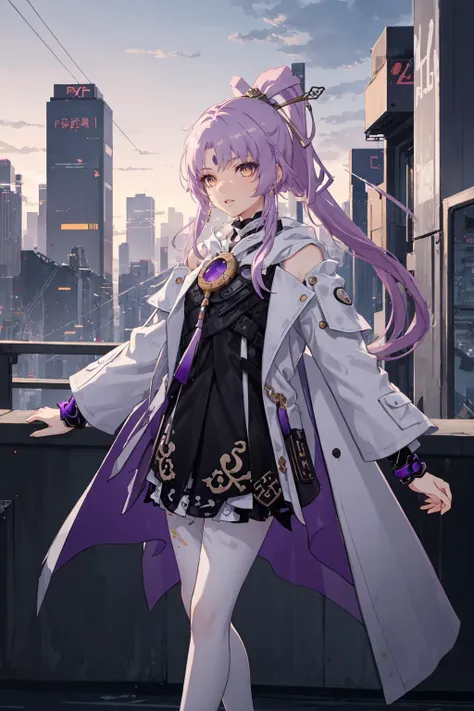 fuxuan, ponytail, bright brown eyes, purple gem in head, white overcoat, black top, black skirt, bare legs, cyberpunk, day, sky, city, (side view:0.65), complex background, by Ali Erturk, <lora:fuxuanV3c:0.7>