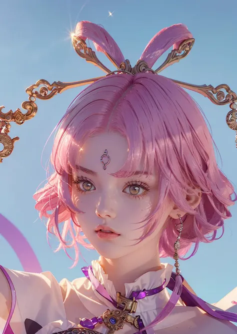Raised, cute female,high high quality,tmasterpiece,short detailed hair,Pink atmosphere,Deities, goddes, light particules, Halo,Girl with tattoos,high-definition picture quality,largeeyes, nighttime scene,Shy face, golden dollar coins, gold, dripping gold, smile brightly