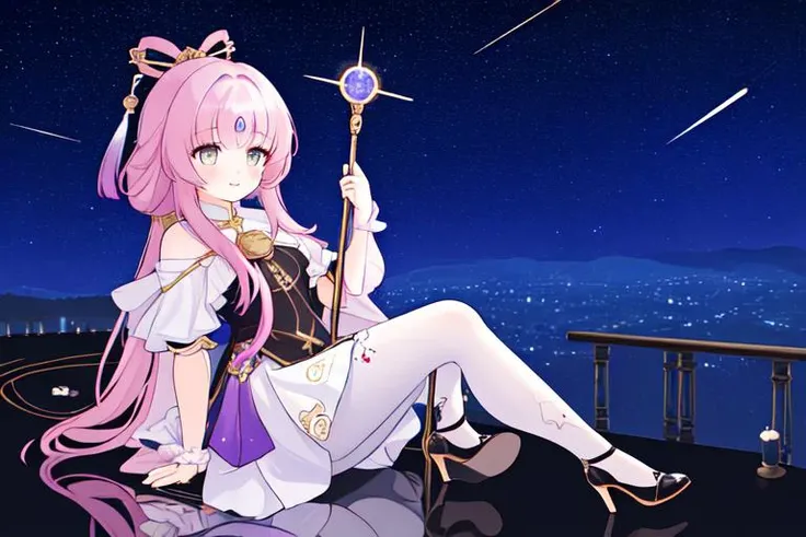 1girl, long hair, 
1girl, (masterpiece, top quality, best quality, official art, beautiful and aesthetic,:1.2), highres, 1girl, fuxuan, white pantyhose, fulll body,  glass slipper,  high heels,  
starry sky, pantyhose, 
castle, dark souls, starry sky, 
 <lora:fuxuan-str-v4:0.7> smile, (hold staff),