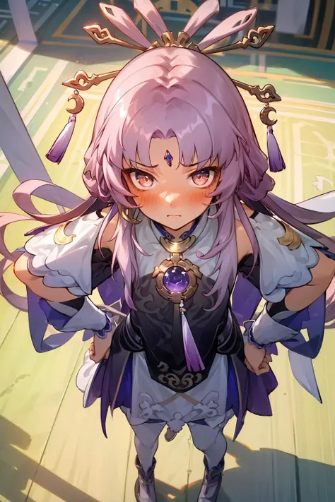 ((masterpiece,best quality)), highres, 1girl, fuxuan, hands on hips, unhappy, blush, looking up, from from above,