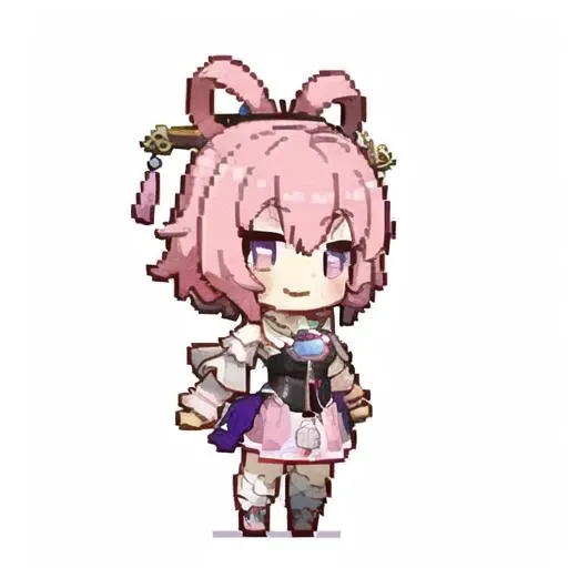 masterpiece, best quality, best 8k wallpaper,(Chibi),
1girl, solo, small breasts, pink hair, fuxuan,
blush, smile, head,
white background, pixel