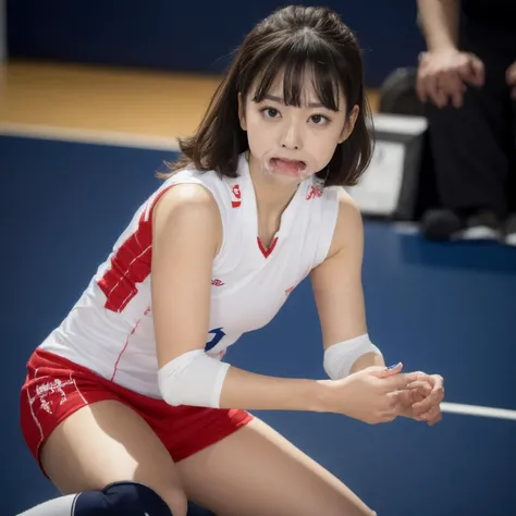 (Best quality, 8k, 32k, Masterpiece, UHD:1.2),Photo of Pretty Japanese woman, 1girl, (medium-short dark brown hair), double eyelid, medium breasts, cleavage, volleyball uniform, (white tank top), flag of Japan,(navy shorts)), faint smile, standing, holding volleyball on court, volleyball stadium, look at viewer, from side , <lora:volleyball_uniform:0.9> <lora:more_details:0.3>