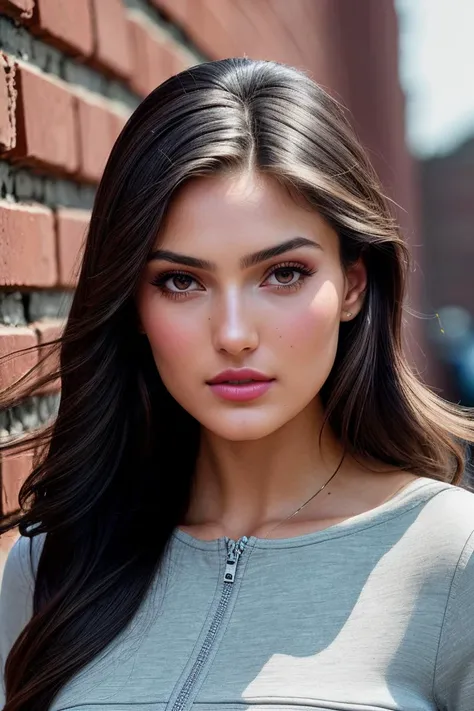 photo of beautiful (taowickrath:0.99), a woman with beautiful hair, as a model in a (premiere event), (standing in front of a brick wall on a street:1.1), sexy pose, natural skin texture, (elegant blue zipper jumpsuit), (long sleeve), 24mm, 4k textures, soft cinematic light, adobe lightroom, photolab, hdr, intricate, elegant, highly detailed, sharp focus, ((((cinematic look)))), soothing tones, insane details, intricate details, hyperdetailed, low contrast, soft cinematic light, exposure blend, hdr, faded, (painted lips:1.1), ((looking at viewer:1.1)), sunny day