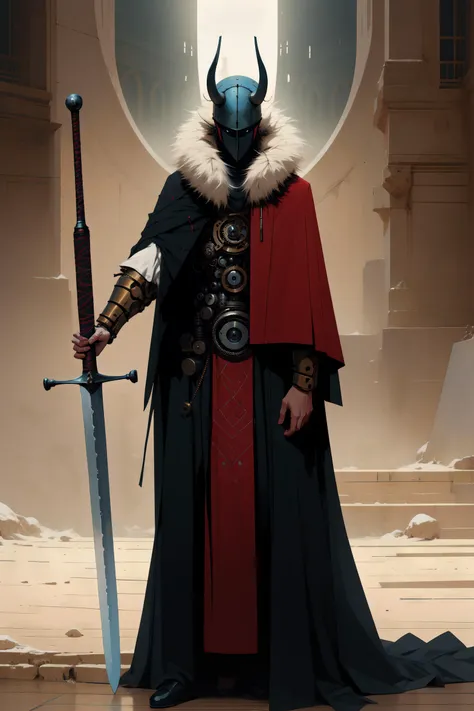 photorealistic, (hyperrealistic:1.2), beautiful, masterpiece, best quality, perfect lighting, <lora:derpd - DerpdeedooStyle:1>, derpd, mask, horns, cloak, faceless, greatsword, holding sword, fur trim, mechanical arms, detailed hands and fingers,