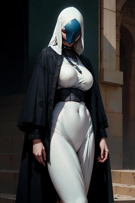 photorealistic, (hyperrealistic:1.2), beautiful, masterpiece, best quality, perfect lighting, <lora:derpd - DerpdeedooStyle:1>, derpd, mask, cloak, faceless, 1girl, solo, large breasts, wide hips, jewelry, detailed hands and fingers,
