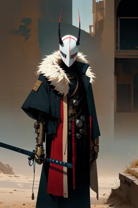 photorealistic, (hyperrealistic:1.2), beautiful, masterpiece, best quality, perfect lighting, <lora:derpd - DerpdeedooStyle:1>, derpd, mask, horns, cloak, faceless, katana, holding sword, fur trim, mechanical arms,