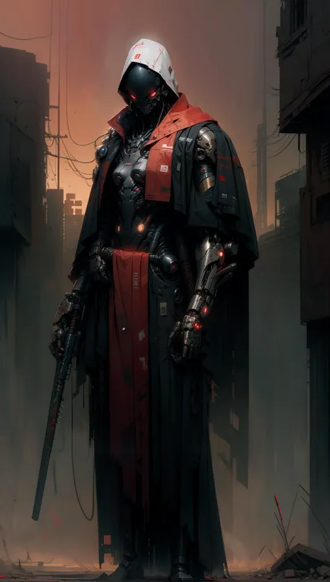 derpd, lethal cyborg assassin wearing robes armor, danger, red sky,post apocalypse <lora:derpd - DerpdeedooStyle:0.8> <lyco:EnvyAssassin01:0.7> <lora:nijiarmor:0.6>