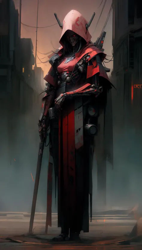derpd, lethal cyborg assassin wearing robes armor, danger, red sky,post apocalypse <lora:derpd - DerpdeedooStyle:0.8> <lyco:EnvyAssassin01:0.7> <lora:nijiarmor:0.6>