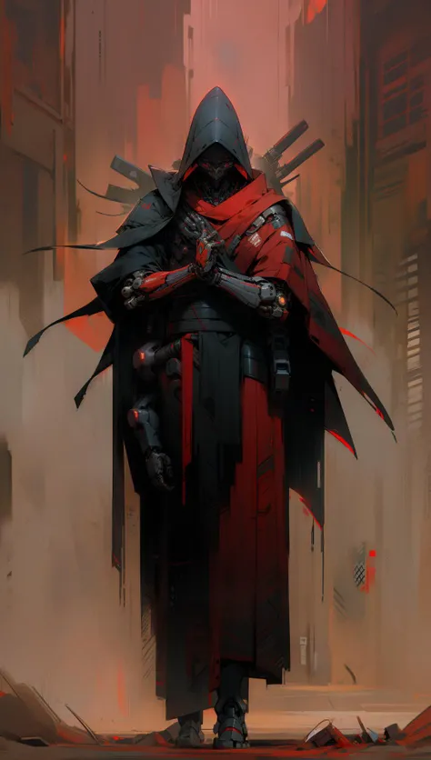 derpd, lethal cyborg assassin wearing robes armor, danger, red sky,post apocalypse <lora:derpd - DerpdeedooStyle:0.8> <lyco:EnvyAssassin01:0.7> <lora:nijiarmor:0.6>