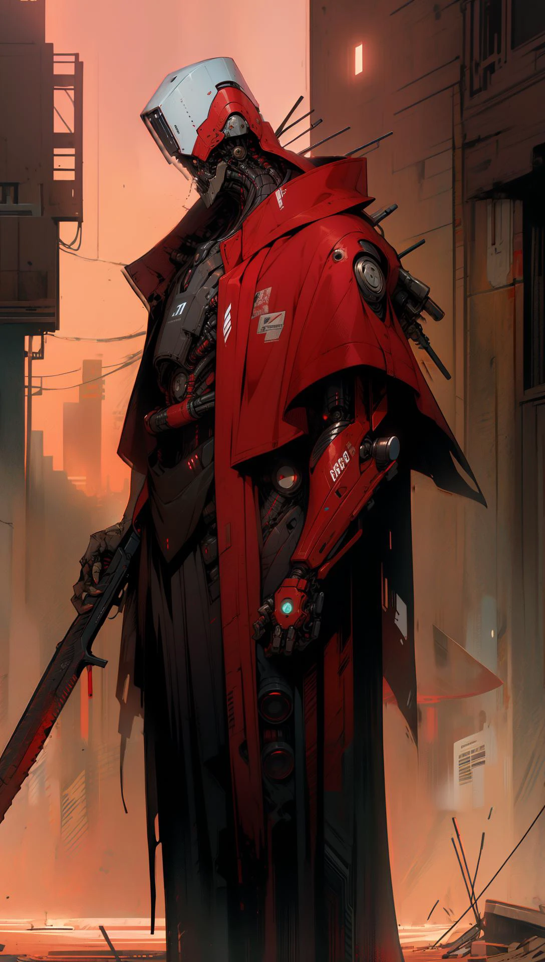 derpd, lethal cyborg assassin wearing robes armor, danger, red sky,post apocalypse <lora:derpd - DerpdeedooStyle:0.8> <lyco:EnvyAssassin01:0.7> <lora:nijiarmor:0.6>