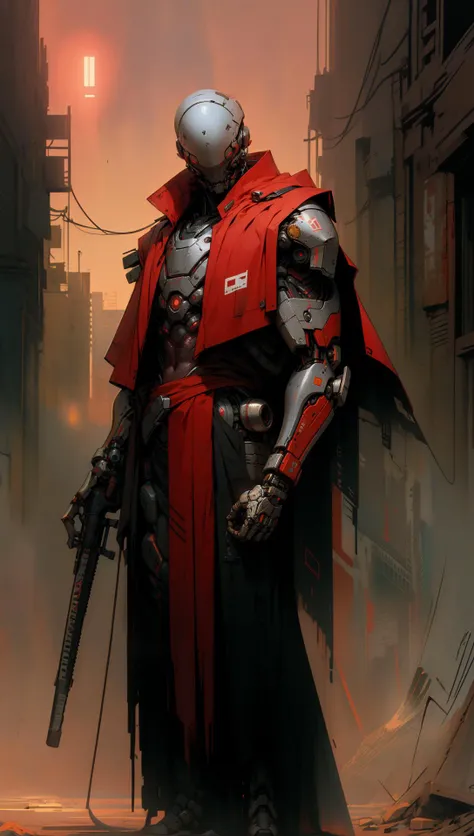 derpd, lethal cyborg assassin wearing robes armor, danger, red sky,post apocalypse <lora:derpd - DerpdeedooStyle:0.8> <lyco:EnvyAssassin01:0.7> <lora:nijiarmor:0.6>
