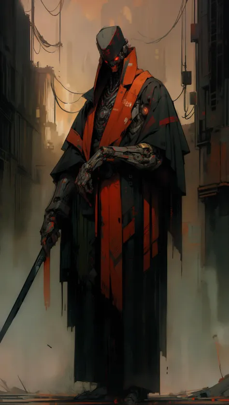 derpd, lethal cyborg assassin wearing robes armor, danger, red sky,post apocalypse <lora:derpd - DerpdeedooStyle:0.8> <lyco:EnvyAssassin01:0.7> <lora:nijiarmor:0.6>