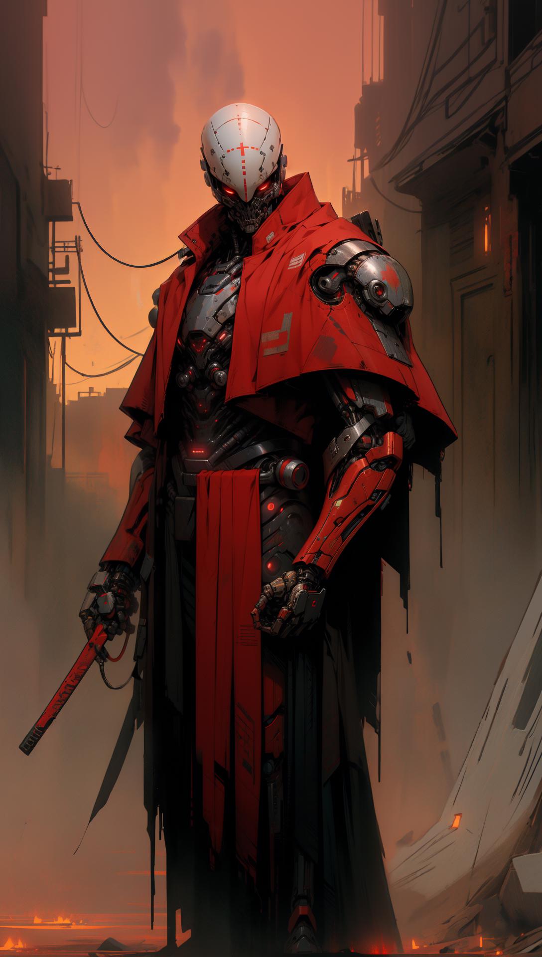 A man in armor standing in a street with a sword - SeaArt AI