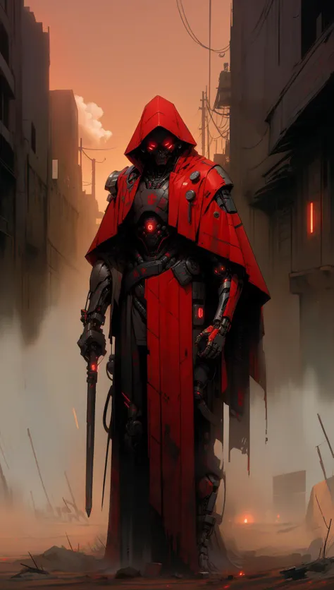 derpd, lethal cyborg assassin wearing robes armor, danger, red sky,post apocalypse <lora:derpd - DerpdeedooStyle:0.8> <lyco:EnvyAssassin01:0.7> <lora:nijiarmor:0.6>