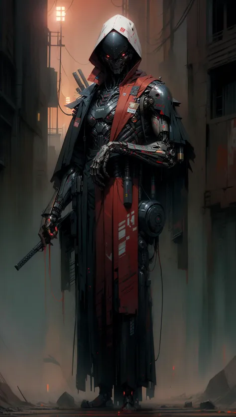 derpd, lethal cyborg assassin wearing robes armor, danger, red sky,post apocalypse <lora:derpd - DerpdeedooStyle:0.8> <lyco:EnvyAssassin01:0.7> <lora:nijiarmor:0.6>