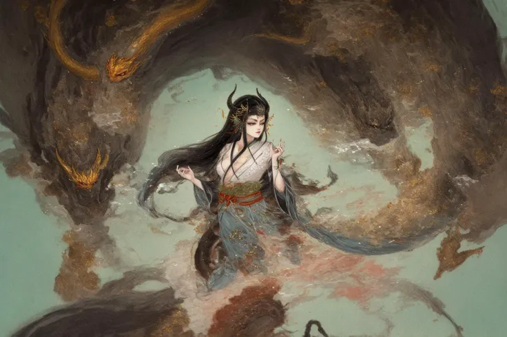 shanze, black hair, 1girl, long hair, eastern dragon, dragon, beads, horns, japanese clothes, solo, traditional media, very long hair, floating hair, hair ornament, painting (medium), kimono,
high quality,