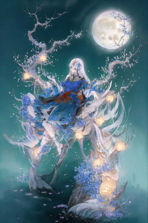 shanze, 1girl, flower, dress, long hair, solo, blue dress, moon, hair ornament, sitting, black hair, water, night, branch,
high quality,