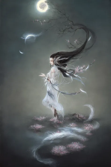 shanze, moon, cloud, crescent moon, sky, 1girl, long hair, solo, black hair, painting (medium), night, jewelry, traditional media, bird, feathers,
high quality,