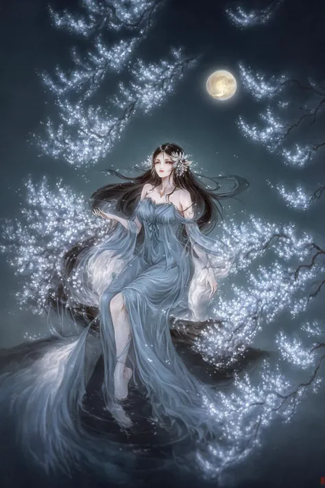 shanze, 1girl, flower, dress, long hair, solo, blue dress, moon, hair ornament, sitting, black hair, water, night, branch,
high quality,