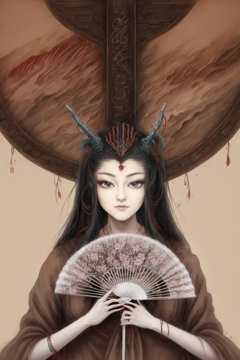 shanze, 1girl, solo, mountain, traditional media, long hair, hand fan, horns, black hair, jewelry, cloud, long sleeves, chinese clothes, hair ornament, painting (medium), wide sleeves, holding fan, makeup, holding, looking at viewer,
high quality,