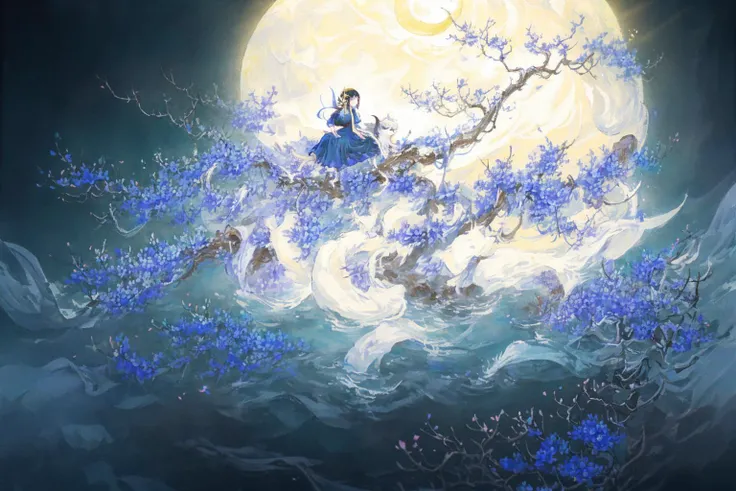 shanze, 1girl, flower, dress, long hair, solo, blue dress, moon, hair ornament, sitting, black hair, water, night, branch,
high quality,