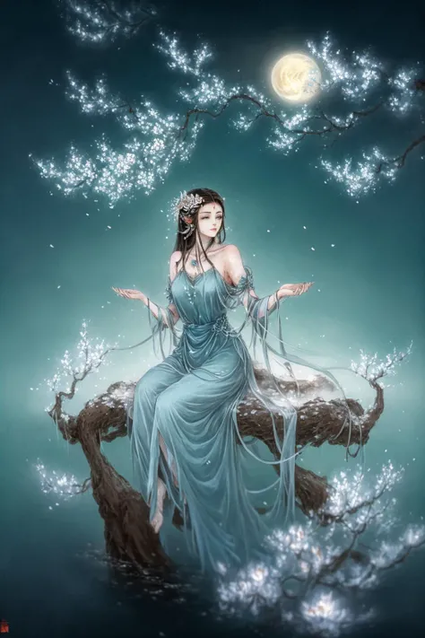 shanze, 1girl, flower, dress, long hair, solo, blue dress, moon, hair ornament, sitting, black hair, water, night, branch,
high quality,