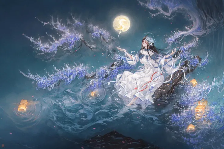 shanze, 1girl, flower, dress, long hair, solo, blue dress, moon, hair ornament, sitting, black hair, water, night, branch,
high quality,