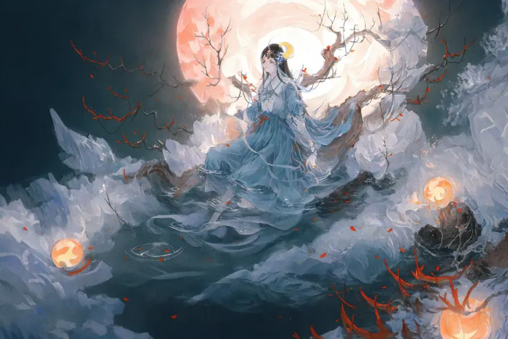 shanze, 1girl, flower, dress, long hair, solo, blue dress, moon, hair ornament, sitting, black hair, water, night, branch,
high quality,