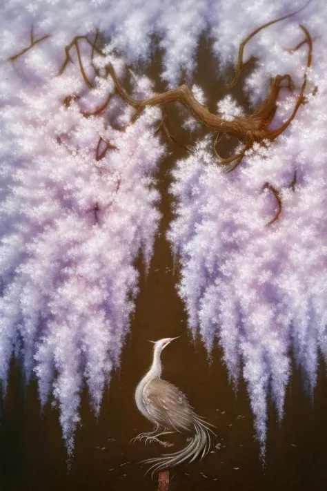 shanze, no humans, tree, bird, traditional media, painting (medium), nature, signature, realistic, flower, outdoors, animal focus, wisteria, animal,
high quality,