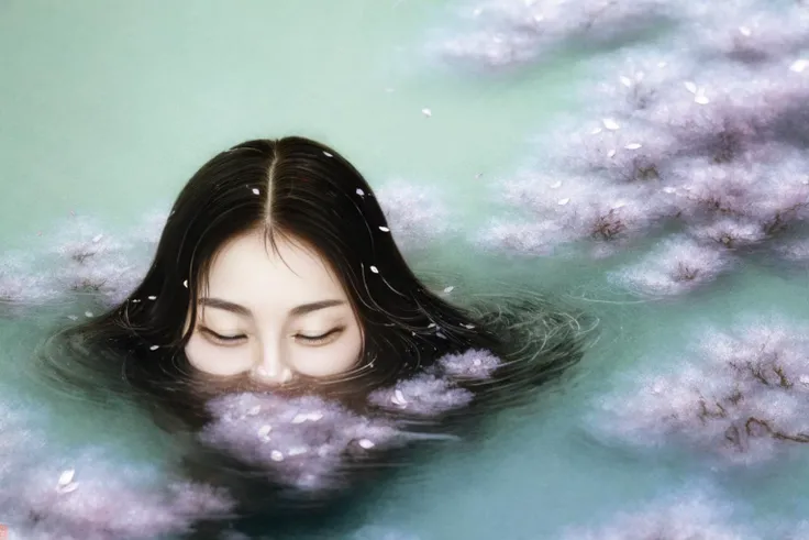 shanze, black hair, 1girl, petals, long hair, water, solo, partially submerged, flower, traditional media,
high quality,